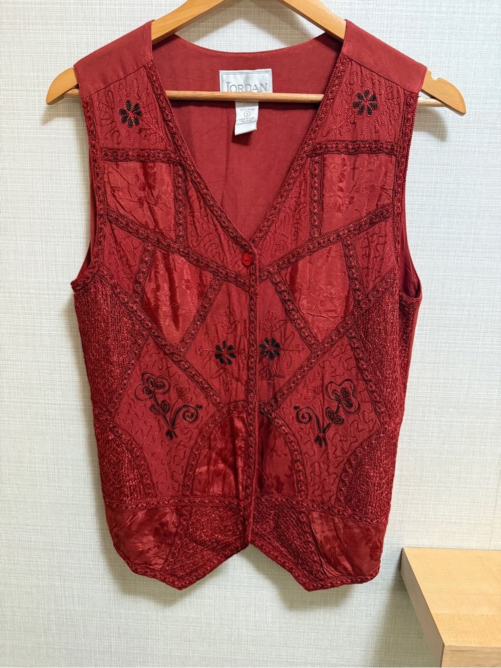 Vintage Jordan Embroidered Rayon Vest | Boho Layering Piece | Size Small